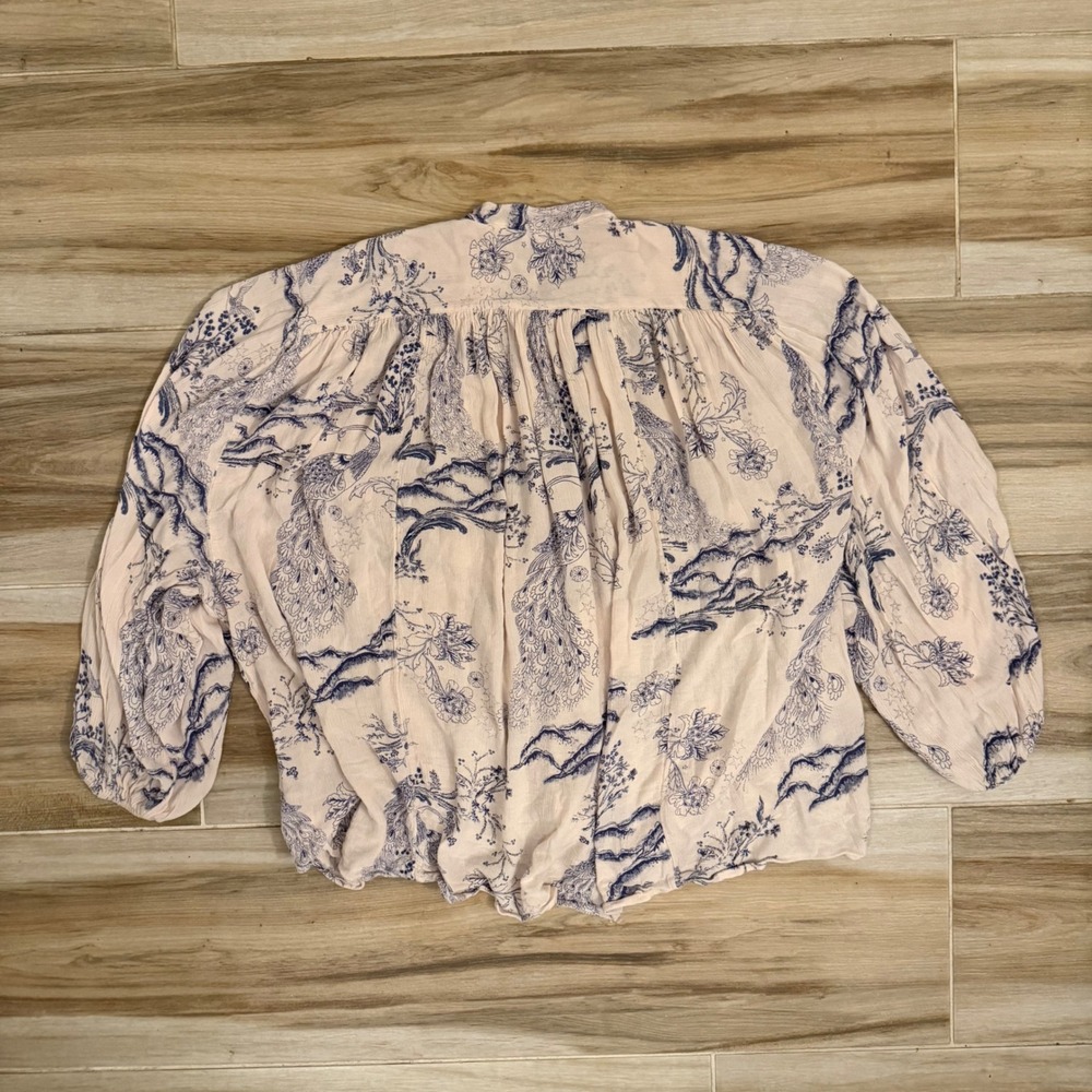 Free People Blue Cream Peacock Toile Print Button Down Blouse XS Oversized Boho
